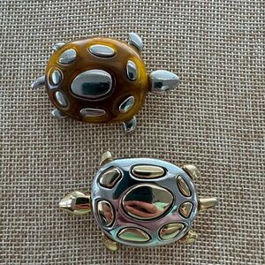 Vintage Liz Claiborne Tortoise Shell and Multi-Tone Metal Turtle Brooches